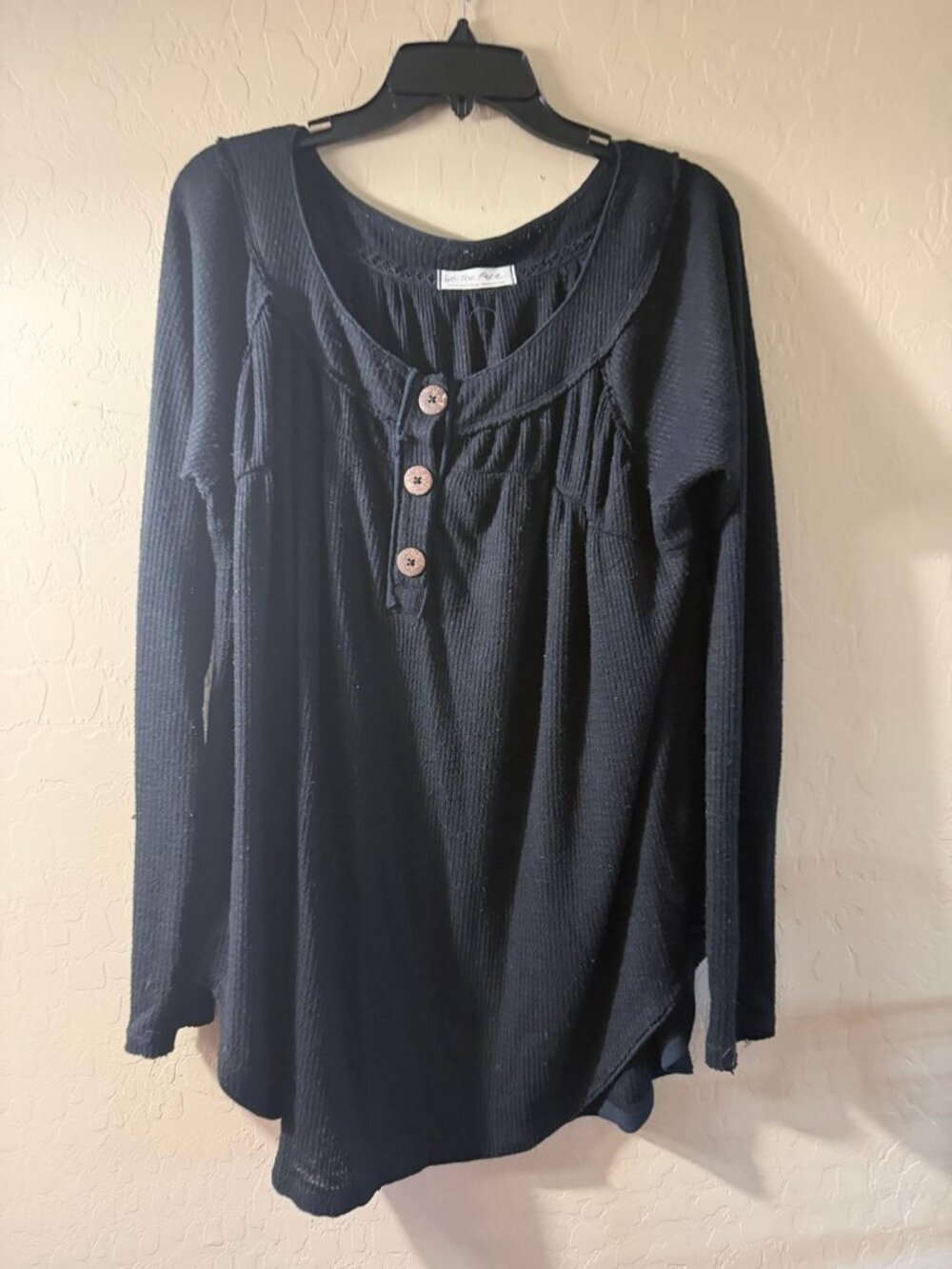 Women's Black Long Sleeve Henley Button Up Knit Top